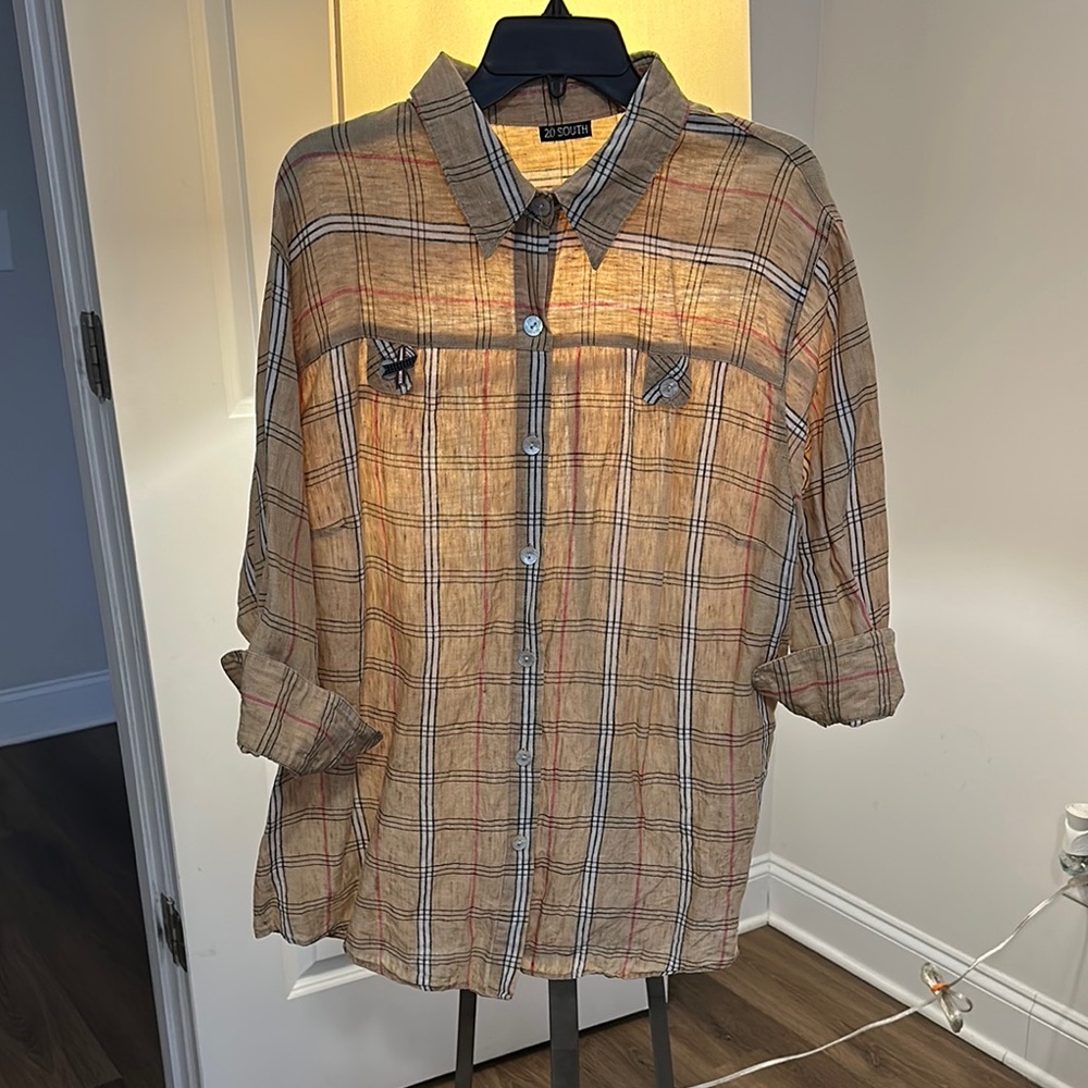 Casual Button Down Shirt in Cream and Red with Plaid Pattern and Long Sleeves